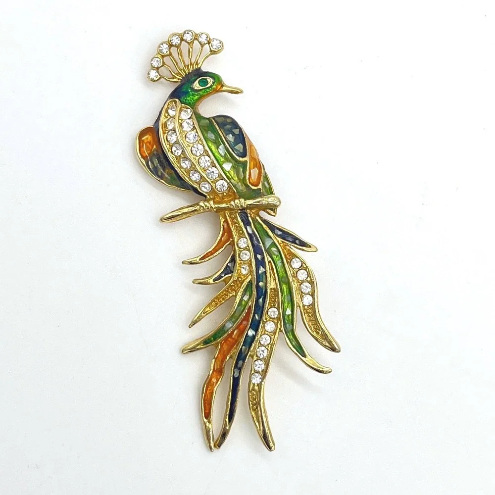 Vintage Enamel Peacock Brooch Gold Tone Rhinestone Bird Statement Pin